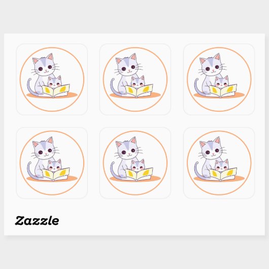 Carré Mère Chat Lecture à son chaton rond Sticker Kitten (Feuille)