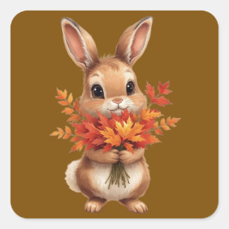 Carré mignon lapin d'automne avec Sticker de fleurs d'