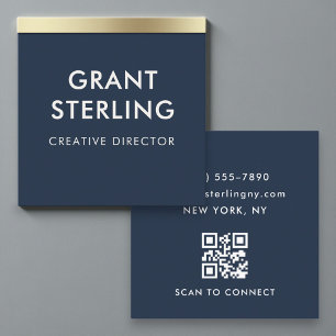 Carré Minimaliste Élégant Carte de Visite Bleu Marine QR