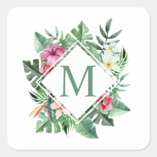 Carré Monogramme de cadre floral tropical Sticker
