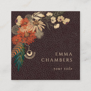 Carré Moto Boho Floral Brown Carte de visite en cuir