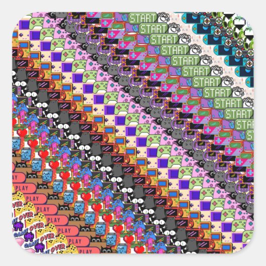Carré Multicolor Gamer Video Game Cat Pattern Sticker (Devant)
