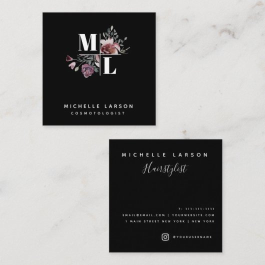 Carré noir chic Floral Carte de visite (Devant / Derrière)