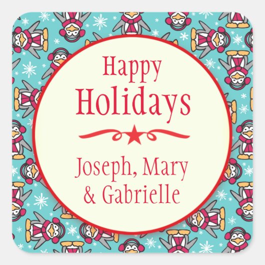Carré Nom de manchots de Noël sticker cadeau de vacances (Devant)
