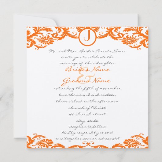 Carré Orange Damask Faire-part de mariage (Devant)