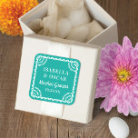 Carré Papel Picado Bright Aqua Wedding Favor Sticker<br><div class="desc">Cet autocollant coloré de faveur de mariage présente un cadre d'inspiration picado papel en blanc sur un arrière - plan bleu aqua. La typographie est simple mais élégante. Toutes les couleurs de cette conception sont personnalisables à l'aide de l'outil d'édition. Consultez la collection pour la coordination des articles !</div>