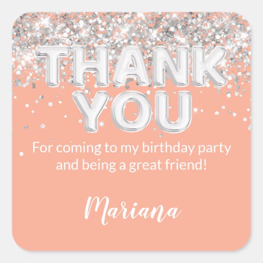 Carré Peach and Silver Party Sticker for Favors (Devant)