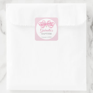 Carré Pink Bow Baptism Favor Sticker Custom Watercolor