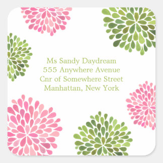 Carré Pink & Green Blooms Adresse Sticker Mariage Seal