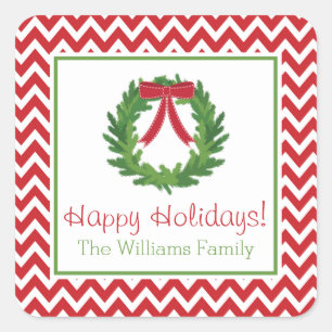 Carré Red Chevron Holiday Wreath, Sticker de Noël
