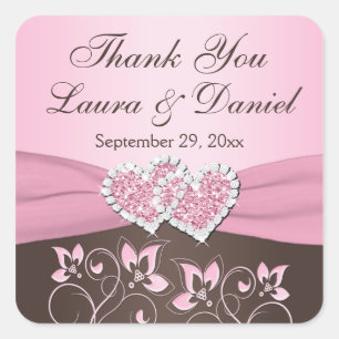 Carré Rose, Brown Floral, Coeurs Mariage Favor Sticker