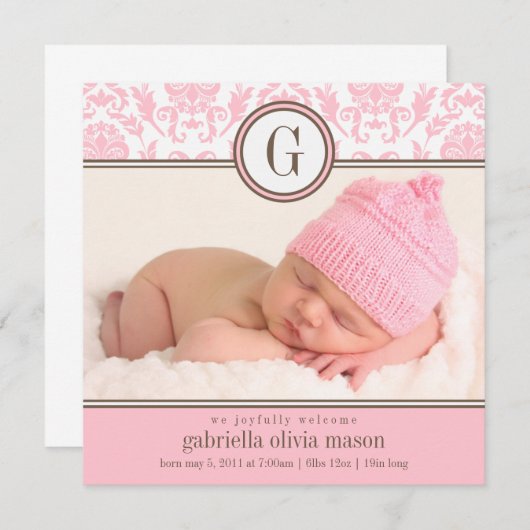 Carré rose Damask | Faire-part de naissance (Devant / Derrière)