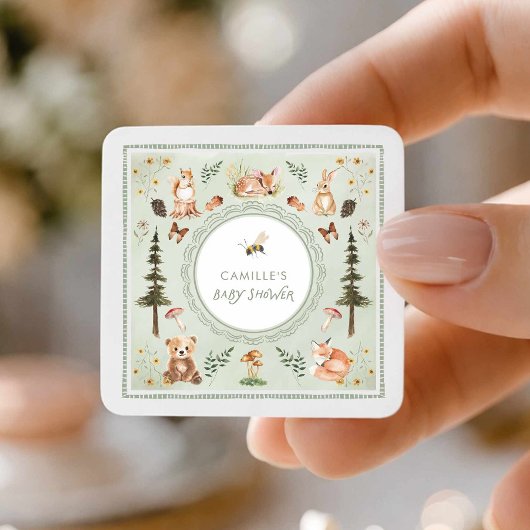 Carré Sage Green Woodland Baby Shower Favor Sticker