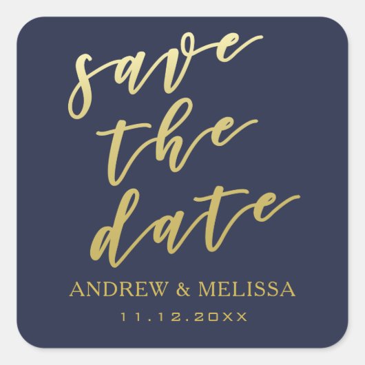 Carré Save the date | Sticker Mariage de script Navy & G (Devant)