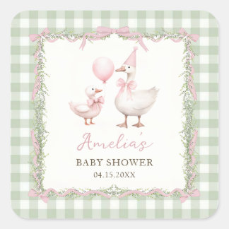 Carré Silly Goose Green Gingham Baby Shower Sticker