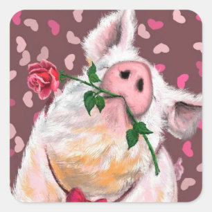 Carré Sticker amusant Porc à mâcher avec Rose - Amour
