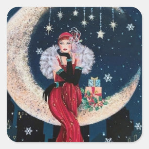 Carré sticker Art déco rétro vintage de Noël dame