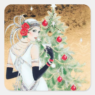 Carré sticker Art déco rétro vintage de Noël dame