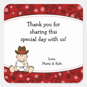 Carré Sticker Baby shower Cowboy Favoriser Merci