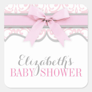 Carré Sticker Baby shower en ruban rose du coeur Damask