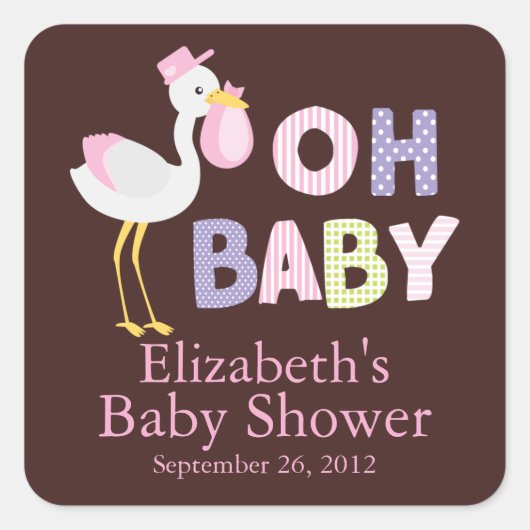Carré Sticker Baby shower pour fille de cigogne moderne (Devant)