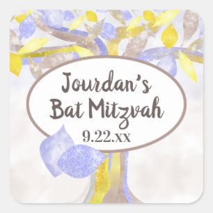 Carré Sticker Bat mitzvah Arbre bleu et jaune de vie