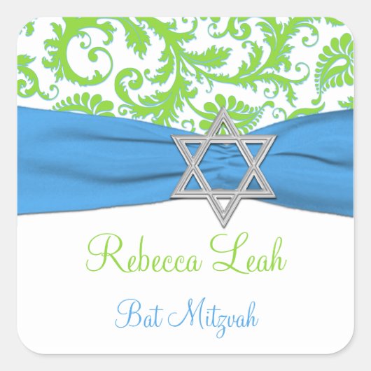 Carré Sticker Bat mitzvah bleu, blanc, vert Damask (Devant)
