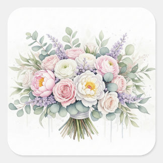 Carré Sticker Bouquet Mariage Pastel Aquarelle