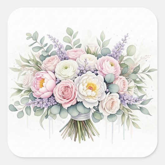Carré Sticker Bouquet Mariage Pastel Aquarelle (Devant)