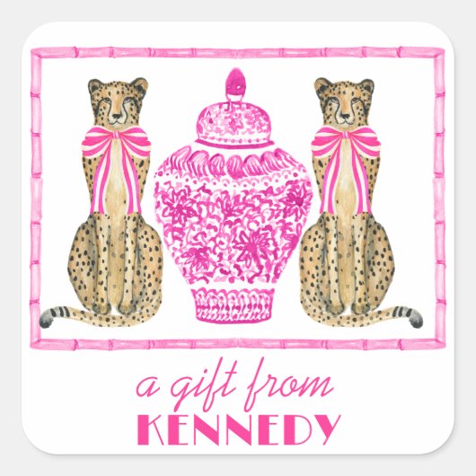 Carré Sticker cadeau Cheetah Chinoserie Hot Pink (Devant)