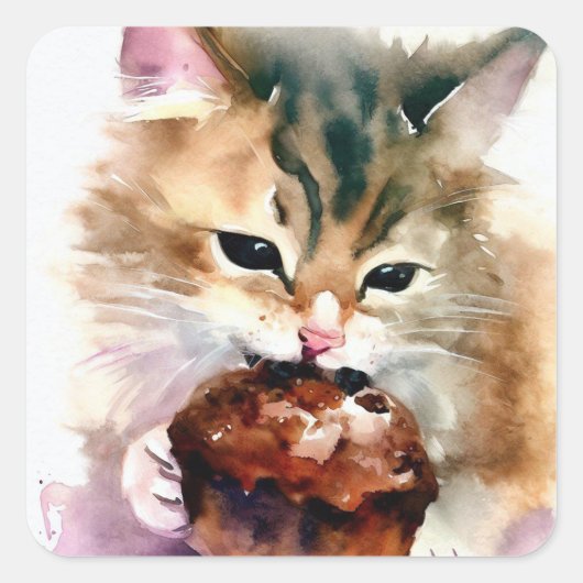 Carré Sticker Cat Eating Cupcake (Devant)