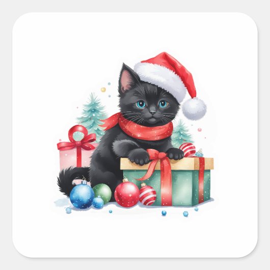 Carré Sticker chat de Noël mignon - Kitty avec présentan (Devant)