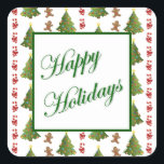 Carré Sticker Christmas Delights<br><div class="desc">sticker carré avec une image de rangées de délices de Noël, comme des arbres décorés de beaux ornements, des sucres de canne habillés de beaux arcs rouges, et des hommes en pain d'épice aux visages souriants. Un sentiment de vacances personnalisable. Voir les confettis assortis, le étiquette et le papier d'emballage....</div>