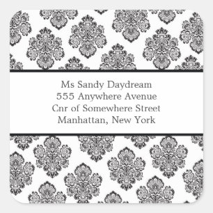 Carré Sticker d'adresse moderne Damask noir & blanc