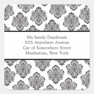 Carré Sticker d'adresse moderne Damask noir & blanc