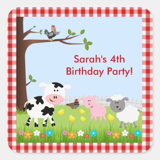 Carré Sticker d'anniversaire pour animaux de ferme migno (Devant)