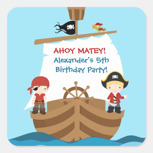 Carré Sticker de fête d'anniversaire de bateau pirate (Devant)