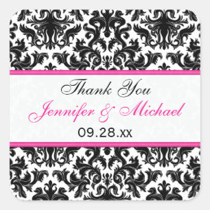 Carré Sticker de mariage 1,5" Black White Rose Damask
