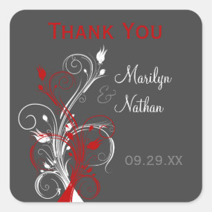 Carré Sticker de mariage floral blanc, rouge, gris
