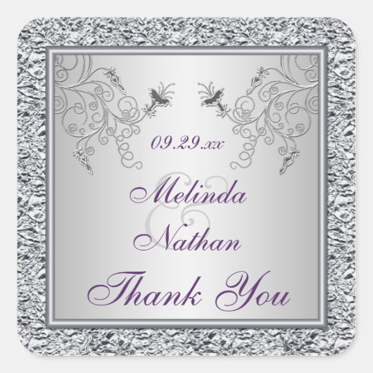 Carré Sticker de mariage floral en argent violet (Devant)