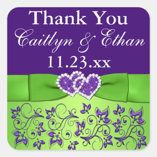 Carré Sticker de mariage floral violet, vert (Devant)