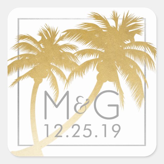 Carré Sticker de mariage Gold Palm Tree Beach (Devant)