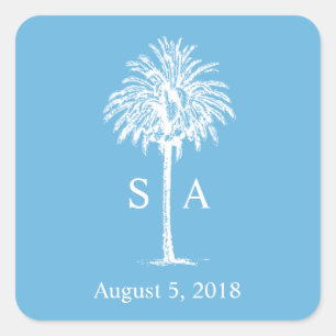 Carré Sticker de mariage Monogram White Palm Tree Beach