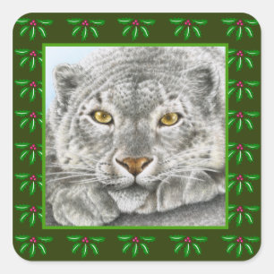 Carré Sticker de Noël de Snow Leopard Holly Leaf