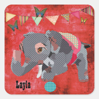 Carré Sticker de nom rouge Lucky Lil' Elephant