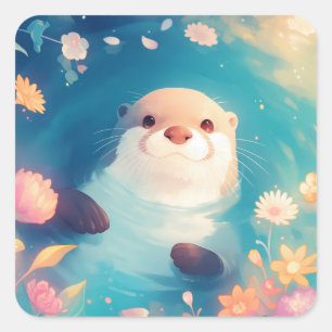 Carré Sticker en Otter jouant avec des fleurs colorées