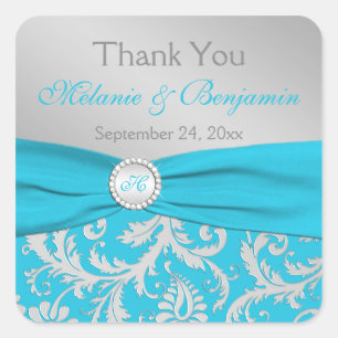 Carré Sticker Favor Monogramme Turquoise, Argent