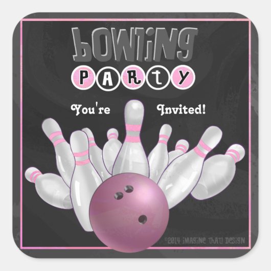 Carré Sticker Invitation de la soirée de bowling rose te (Devant)