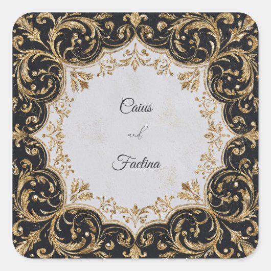 Carré Sticker Mariage à cadre orné noir et or (Devant)