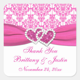 Carré Sticker Mariage Coeur rose, blanc Damas